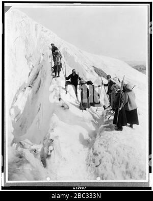 Gruppo di uomini e donne che arrampicano sul ghiacciaio del Paradiso nel Monte Rainier National Park, Washington) - Curtis & Miller Foto Stock