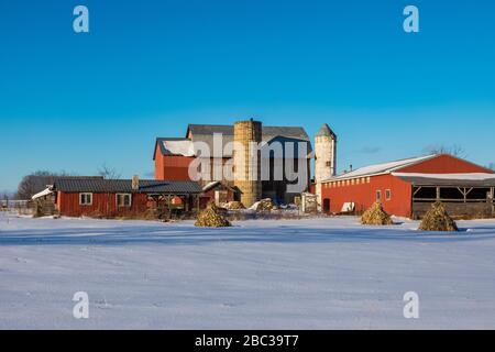 Fienile amish e silos con choc di mais, Michigan centrale in una giornata invernale innevata, Stati Uniti [Nessun rilascio di proprietà; disponibile solo per le licenze editoriali] Foto Stock