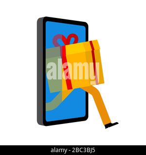 Ordinare regali online Gadget. natale e Capodanno. Regali e smartphone. ordine presente sul web. Finestra Negozio con confezione regalo nella schermata Telefono Illustrazione Vettoriale