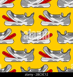 Modello mostro sneaker Toothy senza cuciture. Sneaker con sfondo a denti. Arrabbiato affamato scarpe sportive vettore texture Illustrazione Vettoriale