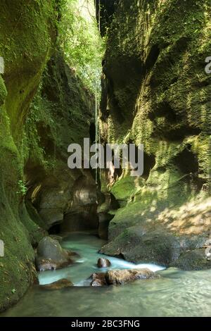 Foto composita della cascata Tembuku e del parco divertimenti in un canyon forestale, Bali, Indonesia Foto Stock