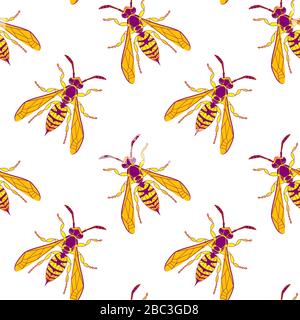 WASP insetto senza cuciture modello. Design pericoloso per tessuto, tessuto. Bug gialli isolati su sfondo bianco. Riquadro di disegno del vettore Bumblebee. Stampa grafica Wild Nature. Illustrazione Vettoriale