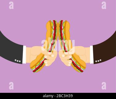 Sandwich in clinking. Due mani maschili che tengono e hamburger reclinato Illustrazione Vettoriale