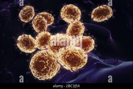 Dettagli di Coronavirus COVID-19 su cellule umane, illustrazione 3D come immagine microscopica all'interno del corpo umano basata su foto SEM SARS Foto Stock