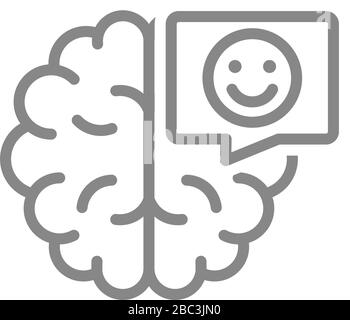 Cervello con volto felice in parola bolla icona linea. Organo interno sano, simbolo del sistema nervoso centrale Illustrazione Vettoriale