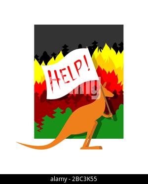 Kangaroo con poster - Aiuto. Fuoco in Australia. Illustrazione vettoriale Illustrazione Vettoriale