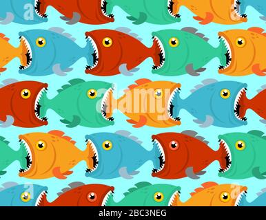 Pesce mangiare pesce modello senza cuciture. Pesci predatori a bocca aperta. Sfondo mondo sottomarino. Tessuto del bambino texture Illustrazione Vettoriale