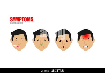 Sintomi del set di Coronovirus. Mal di gola, febbre e tosse. Debolezza e mal di testa. Quarantena dal virus. Pandemia. Illustrazione Vettoriale