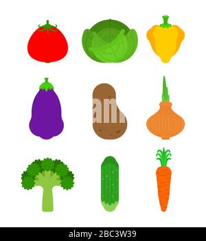 Verdure Set. Cartoon Vegetable. Pomodoro e cavolo. Peperone e melanzane. Patate, cipolle e broccoli. Cetriolo e carote. Illustrazione vettoriale Illustrazione Vettoriale