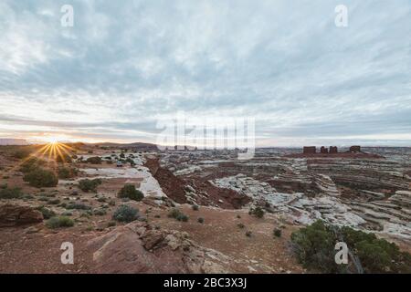 il sole sorge su un mare di canyon e scogliere di roccia rossa del Maze Utah Foto Stock