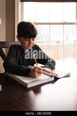 Ragazzo che fa il lavoro scolastico in un libro di lavoro a casa al tavolo. Foto Stock