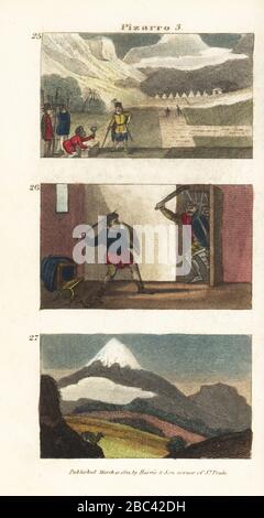 Francisco Pizarro fondando la città di Lima, Perù 25, Pizarro ucciso dai sostenitori di Diego de Almagro II 26, e vista della montagna Chimborazo nelle Ande 27. Incisione su copperplate a mano dalle scene del Rev. Isaac Taylor in America, per il divertimento e l'istruzione di Little Tarry-at-Home Travelers, John Harris, Londra, 1821. Foto Stock