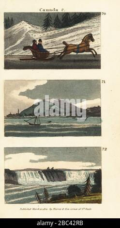 Abitanti del Quebec cavalcando una cariola trainata da cavalli o una slitta su ghiaccio 70, vista di Montreal 71, e vista delle Cascate del Niagara 72. Incisione su copperplate a mano dalle scene del Rev. Isaac Taylor in America, per il divertimento e l'istruzione di Little Tarry-at-Home Travelers, John Harris, Londra, 1821. Foto Stock