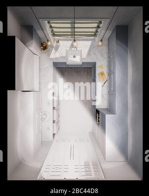 3d illustrazione del design interno della cucina. Rendering eseguito nella vista superiore Foto Stock