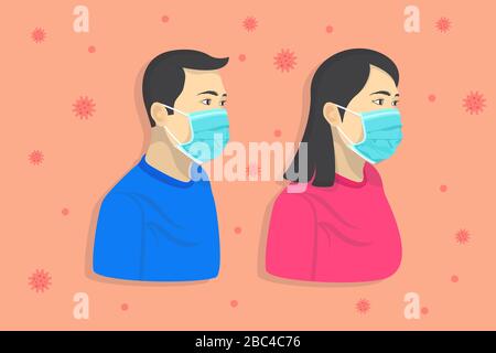 Virus Corona, malattia del virus Corona COVID-19, romanzo Coronavirus 2019-nCoV. Uomini e donne indossano maschere per evitare il virus corona. Illustrazione Vettoriale