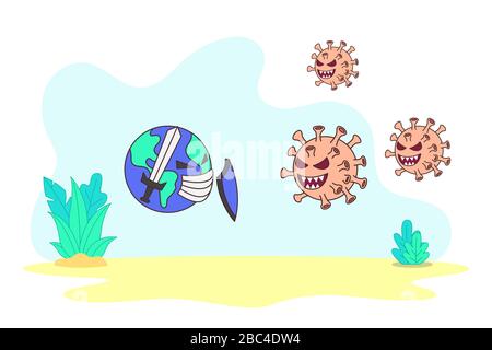 Illustrazione del vettore lotta contro il virus della corona covid-19. Terra combatte contro il virus corona, una metafora su di noi che combattono contro il virus corona. Illustrazione Vettoriale