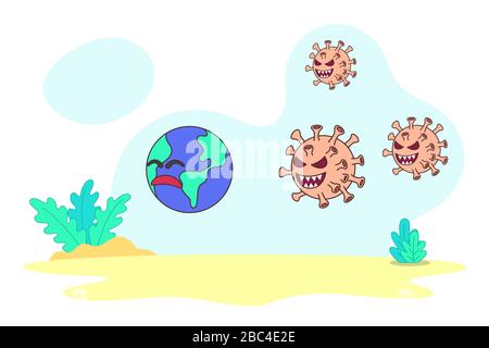 Immagine vettoriale il virus Corona attacca la terra. Il virus Corona sta inseguendo la terra come metafora del virus corona epidemico nel mondo. Illustrazione Vettoriale