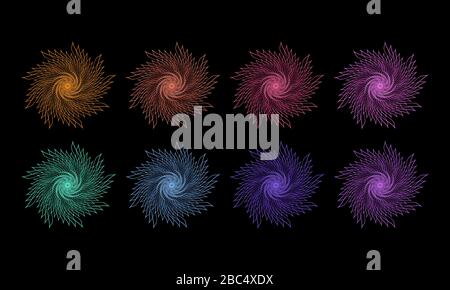Otto tipi di fiori astratti disegni con otto colori diversi. Questo design può essere utilizzato come sfondo o ornamento per banner, cornice, modelli Foto Stock