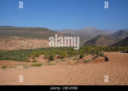 Paesaggio rurale terrazzato vicino Asni, nelle montagne dell'Atlante, Marocco. Foto Stock