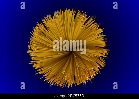 Spaghetti crudi a spirale sparati dall'alto su sfondo nero e blu Foto Stock