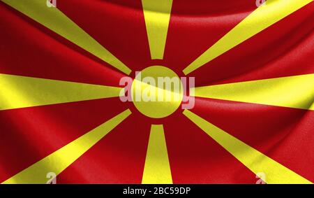 Bandiera realistica di Macedonia sulla superficie ondulata di tessuto Foto Stock