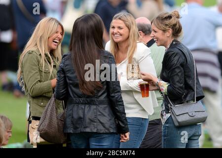 Racegoers immergiti nell'atmosfera dell'ippodromo di Epsom Foto Stock