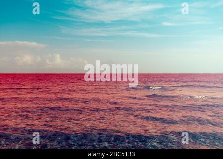 Vista tipica del mare rosso sanguinoso e del cielo blu, surrealismo Foto Stock