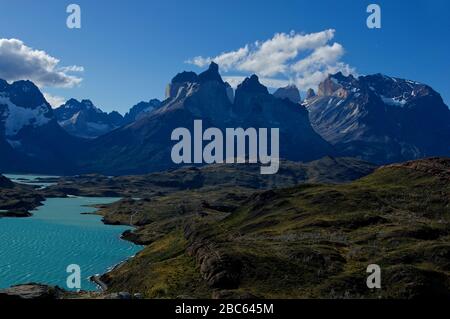 Parco Nazionale Torres del Paine, vista Cuernos del Paine Foto Stock