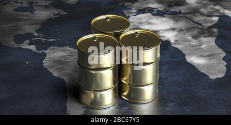 Industria petrolifera, energia globale, commercio internazionale. Olio barili colore oro su sfondo mappa del mondo. figura 3d Foto Stock