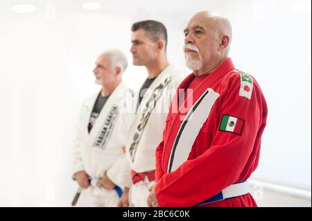 Tre autorevoli ed esperti maestri di arti marziali, i sensei, nel kimono tradizionale, mostrano la sua forza spirituale, fisica e mentale Foto Stock