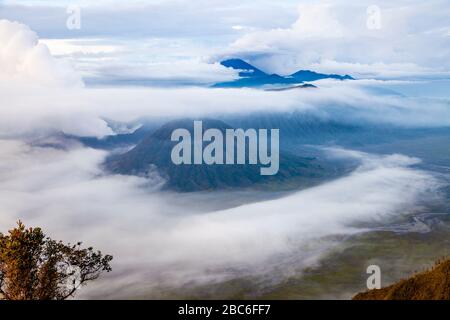 Una vista elevata del Monte Batok e del Bromo Tengger Semeru National Park, Java, Indonesia. Foto Stock