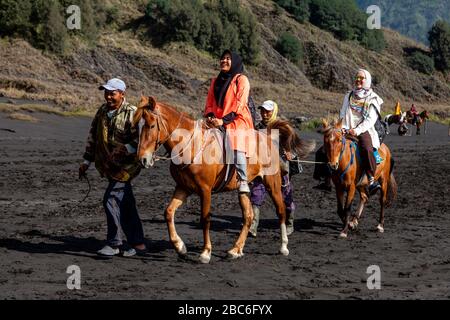 Due turisti femminili a cavallo attraversare il mare di sabbia lungo la strada per vedere il Monte bromo, bromo Tengger Semeru National Park, Giava, Indonesia. Foto Stock