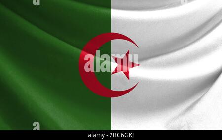Bandiera realistica di Algeria sulla superficie ondulata di tessuto Foto Stock