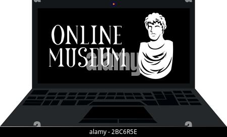 Museo online. Statua e scritta. Notebook. Scultura, busto. Ti sentirai come a casa. Illustrazione Vettoriale