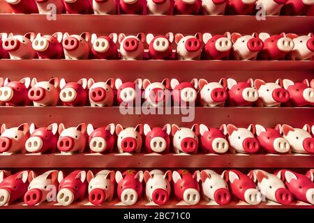 Molti maiali giocattolo si trovano sugli scaffali della stanza. Foto Stock