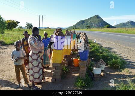 LILONGWE, MALAWI, AFRICA - 25 MARZO 2018: Donne e bambini africani sorridono e vendono potati lungo la strada per Dedza. Atmosfera felice, risata Foto Stock