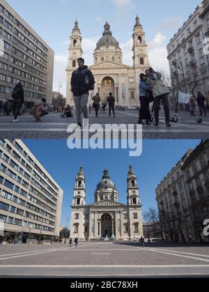 Budapest, 21 febbraio. 2nd Apr, 2020. La foto combinata mostra i turisti che visitano la Basilica di Santo Stefano a Budapest, Ungheria, 21 febbraio 2020 (inizio) e la strada vuota dello stesso luogo durante la pandemia del COVID-19 il 2 aprile 2020. Credit: Attila Volgyi/Xinhua/Alamy Live News Foto Stock