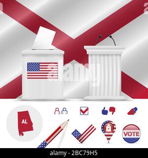 Elezioni presidenziali in Alabama. Bandiera a onde vettoriali, ballottaggio realistico, podio per gli oratori pubblici, mappa della silhouette e set di icone di voto. Illustrazione Vettoriale