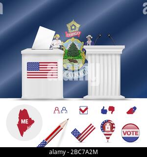 Elezioni presidenziali nel Maine. Bandiera a onde vettoriali, ballottaggio realistico, podio per gli oratori pubblici, mappa della silhouette e set di icone di voto. Illustrazione Vettoriale