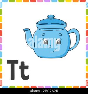 Alfabeto inglese. Lettera T - teapot. Schede flash quadrate ABC. Personaggio cartoon isolato su sfondo bianco. Per l'educazione dei bambini. Sviluppo del foglio di lavoro. Illustrazione Vettoriale