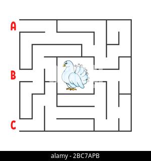 Labirinto quadrato. Gioco per bambini. Puzzle per bambini. Personaggio di cartone animato colomba. Labirinto enigma. Illustrazione del vettore colore. Trova il percorso giusto. La dive Illustrazione Vettoriale