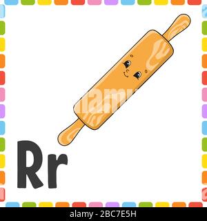 Alfabeto inglese. Lettera R - perno di rotolamento. Schede flash quadrate ABC. Personaggio cartoon isolato su sfondo bianco. Per l'educazione dei bambini. Sviluppo di opere Illustrazione Vettoriale