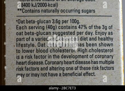 OAT beta-glucano informazioni su un pacchetto di Quaker Oats. Foto Stock