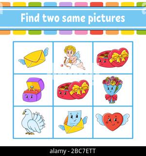 Trova due stesse immagini. Attività per i bambini. Foglio di lavoro per lo sviluppo dell'istruzione. Pagina attività. Gioco a colori per bambini. Personaggio divertente. Illust. Vettore isolato Illustrazione Vettoriale