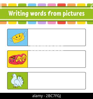 Scrittura di parole da immagini. Busta, scatola di caramelle, colomba. Foglio di lavoro per lo sviluppo dell'istruzione. Pagina di attività per bambini. Puzzle per bambini. Vettore isolato i Illustrazione Vettoriale
