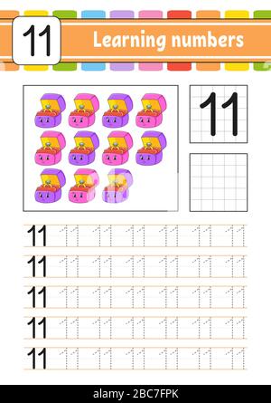 Numero 11. Traccia e scrittura. Pratica di scrittura a mano. Numeri di apprendimento per i bambini. Foglio di lavoro per lo sviluppo dell'istruzione. Pagina attività. Gioco per i bambini. Isolare Illustrazione Vettoriale