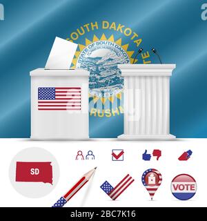 Elezioni presidenziali nel South Dakota. Bandiera a onde vettoriali, ballottaggio realistico, podio per gli oratori pubblici, mappa della silhouette e set di icone di voto. Illustrazione Vettoriale