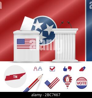 Elezioni presidenziali in Tennessee. Bandiera a onde vettoriali, ballottaggio realistico, podio per gli oratori pubblici, mappa della silhouette e set di icone di voto. Illustrazione Vettoriale