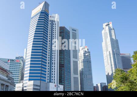 Grattacieli del centro citta' dall'Esplanade, il quartiere Centrale degli Affari (CBD), il centro citta', l'area Centrale, Singapore Foto Stock