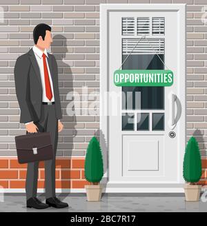 Uomo d'affari davanti alla porta chiusa. Concetto di soluzione, vincita, futuro, successo aziendale. Porta aperta di grandi opportunità. Raggiungimento e obiettivo. Illustrazione vettoriale piatta Illustrazione Vettoriale